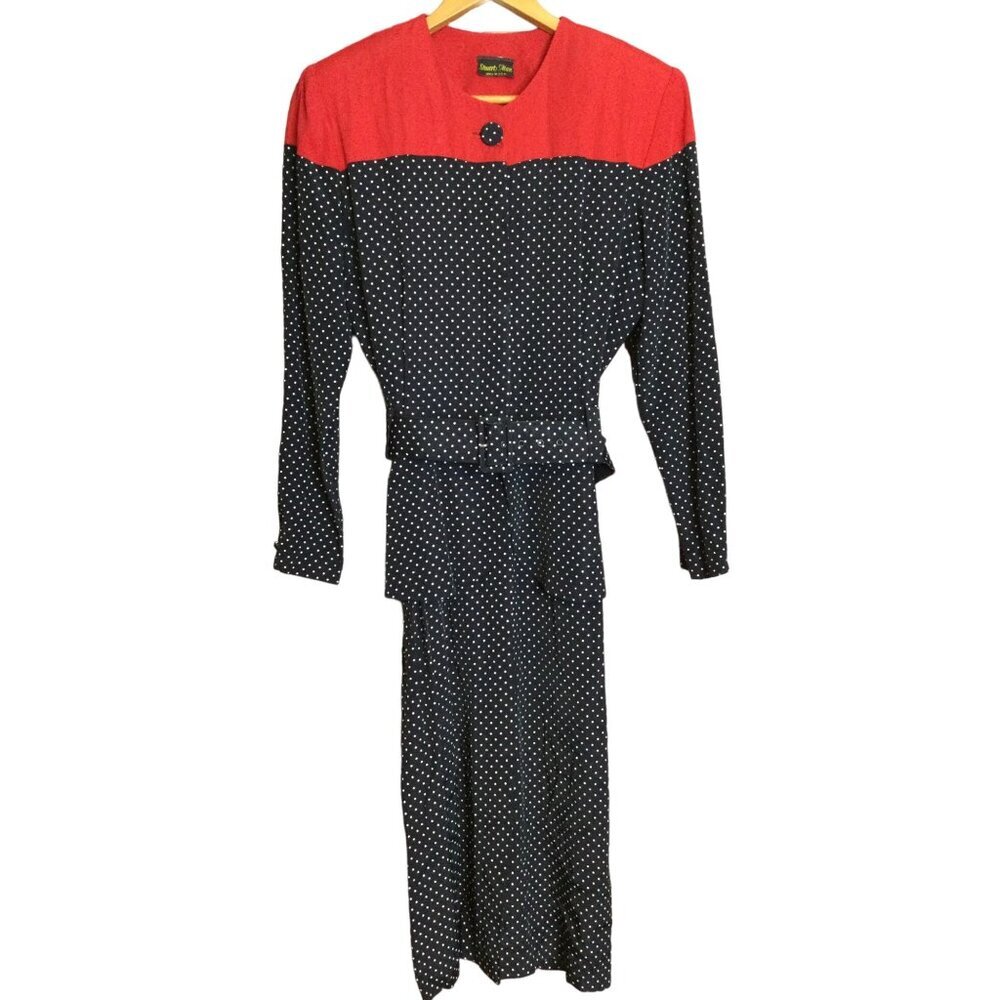 Vintage Stuart Alan Womens Polka Dots Belted Dress Long Sleeve Peplum Size 8